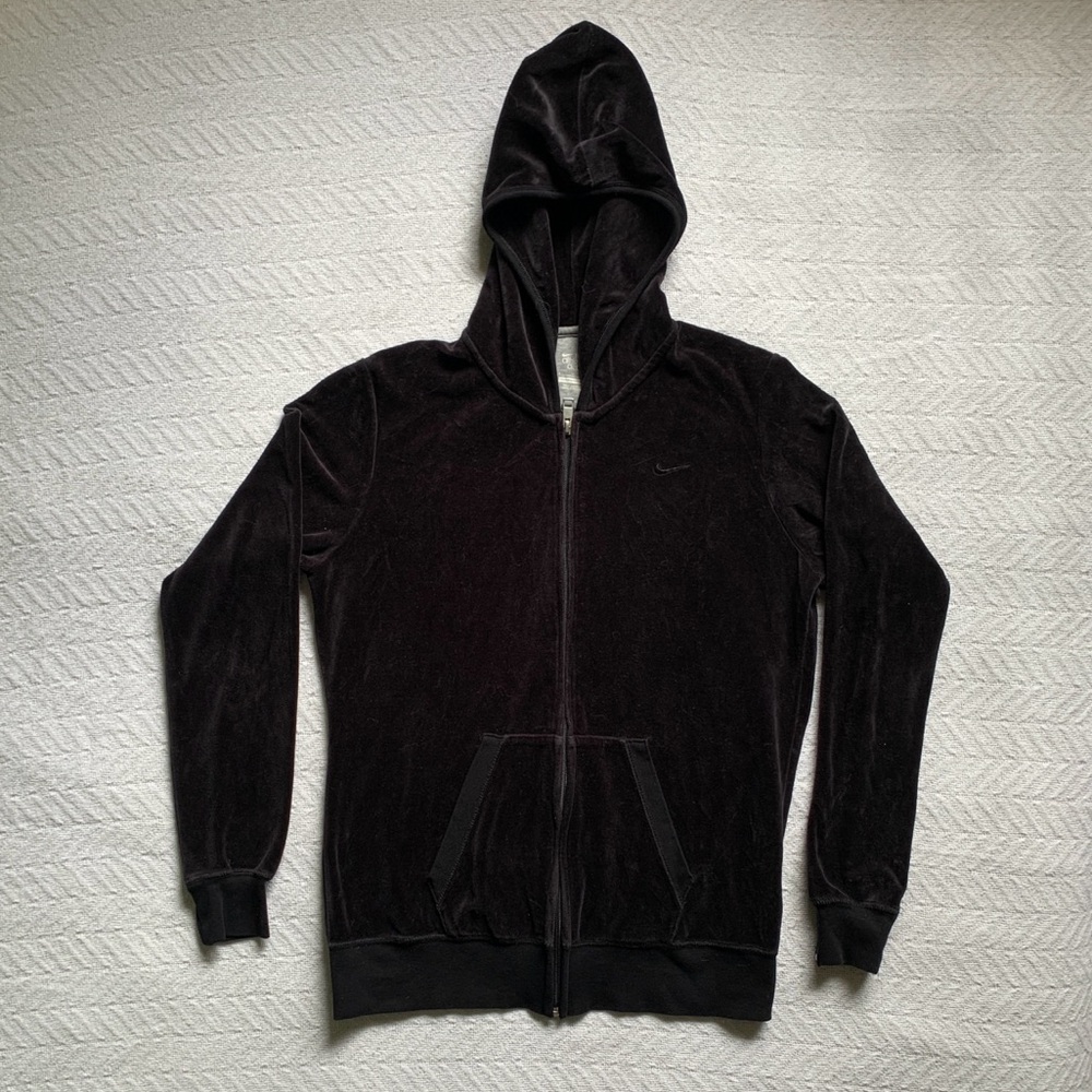 Vintage Nike Sweatshirt Womens Large Black‎ Velour Zip hoodie Y2K Hooded sweater - Picture 2 of 6